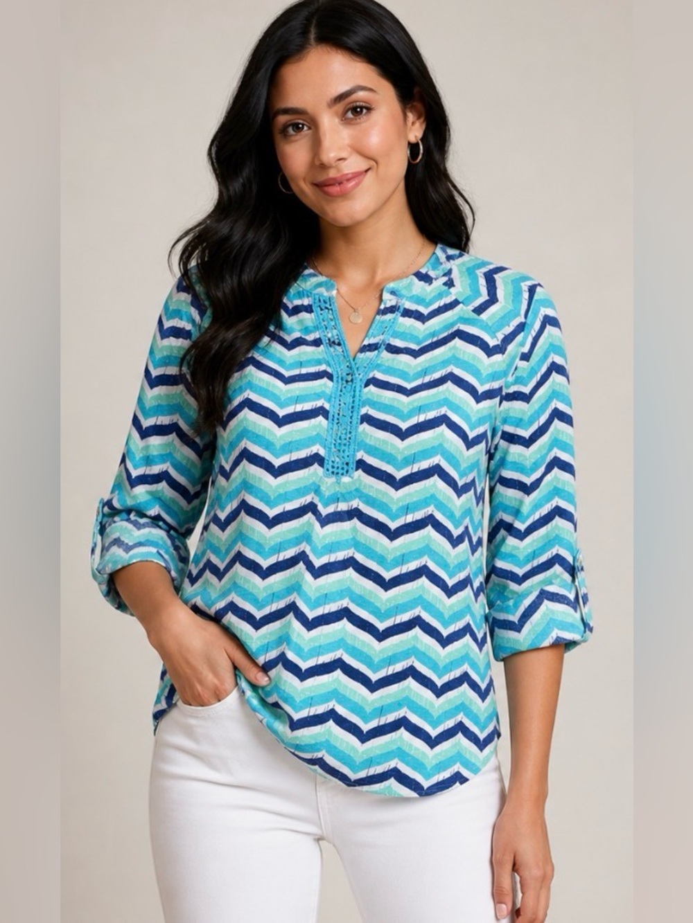 Caribbean Joe Petite Small Chevron Blouse  Cotton Tunic 3/4 Sleeve Boho Top